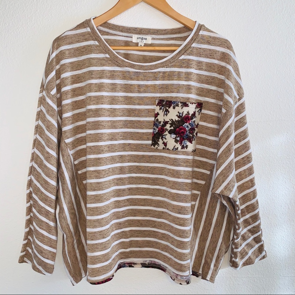 Umgee Tan/Cream Striped Oversized Knit Top - Picture 2 of 4